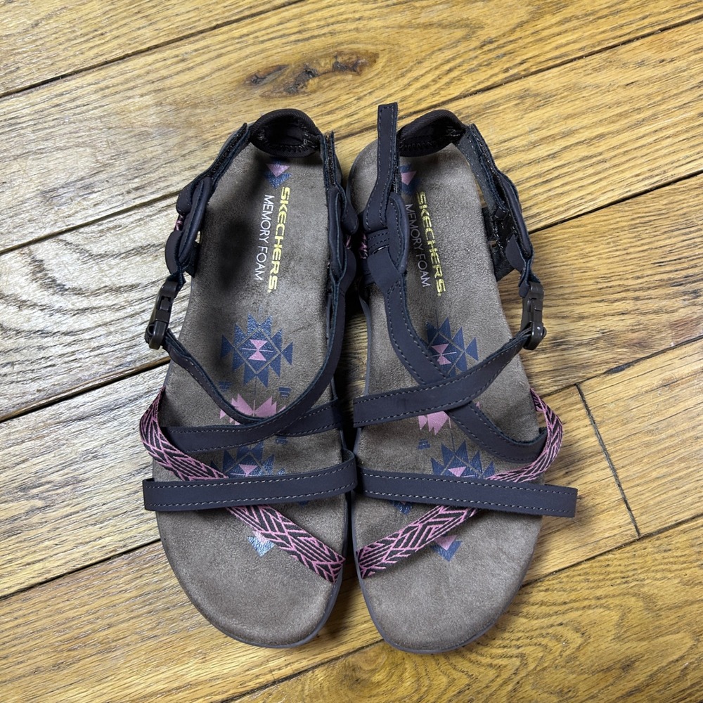 Skechers Reggae Slim Vacay Sandals Chocolate Pink Memory Foam Strappy 6
